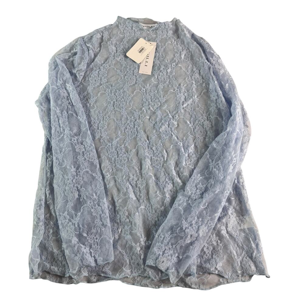 Gilli 2X Light Blue Sheer Lace Mesh Top Floral Stretch Long Sleeve Boho Romantic
